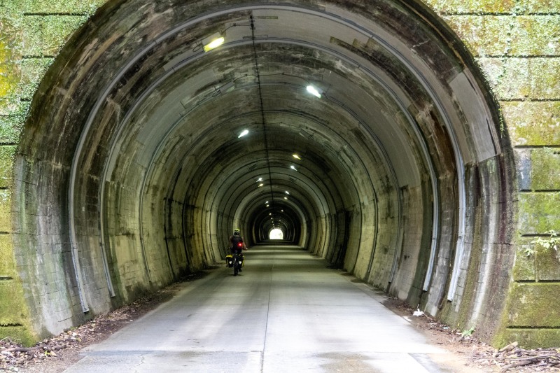 Katie riding through a tunnel (Japan 2024)