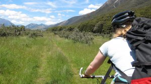 Gina riding back to Hurunui Hut (30th Birthday Bash)