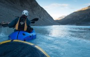 Heading across the Lyell Glacier terminal lake (Mountain rafting Dec 2018)