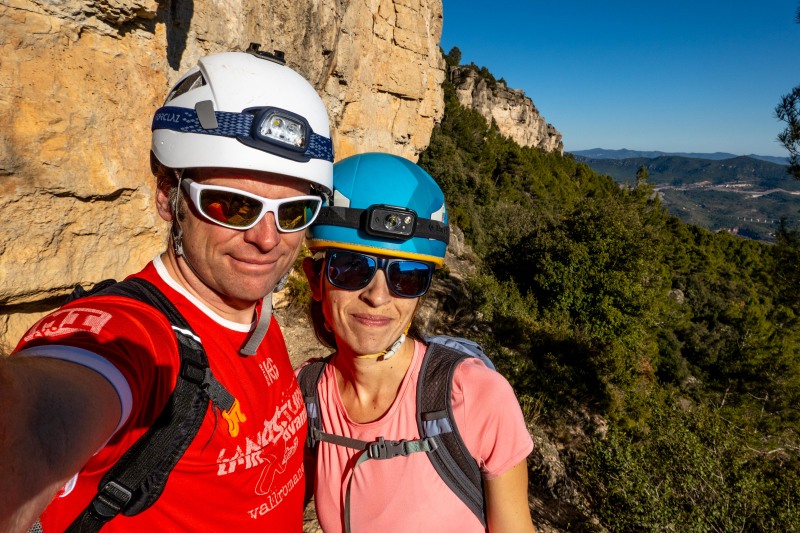 Us at the start of the ferrata (Muntanyes de Prades Dec 2025)