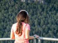 Ari looks out from the tower (Muntanyes de Prades May 2022)