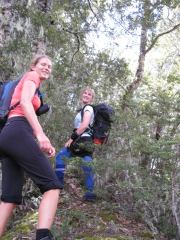 Frauke and Gina in bush climbing the pyramid (Arthurs Pass)
