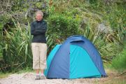 Frauke beside our tent (Tonga Quarry, Abel Tasman)