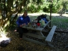 Cris at picnic table at Sandfly Bay (Abel Tasman)