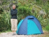 Frauke beside our tent (Tonga Quarry, Abel Tasman)