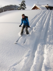Leonie skiing down in powder (Skitour Stübenwasen)