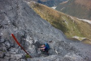 Gina climbing rock (Rabbit Pass Tramp Dec 2014)