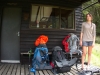 Leonie outside Kerin Forks Hut (Rabbit Pass Tramp Dec 2014)
