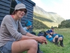 Leonie outside Top Forks Hut (Rabbit Pass Tramp Dec 2014)