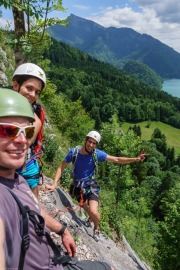 Cris, Sam and Sebas on a multi-pitch route (Salzkammergut Adventures)