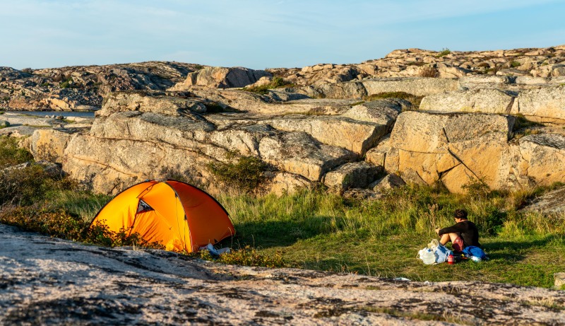 Phil and tent (Seakayaking Sweden, August 2024)