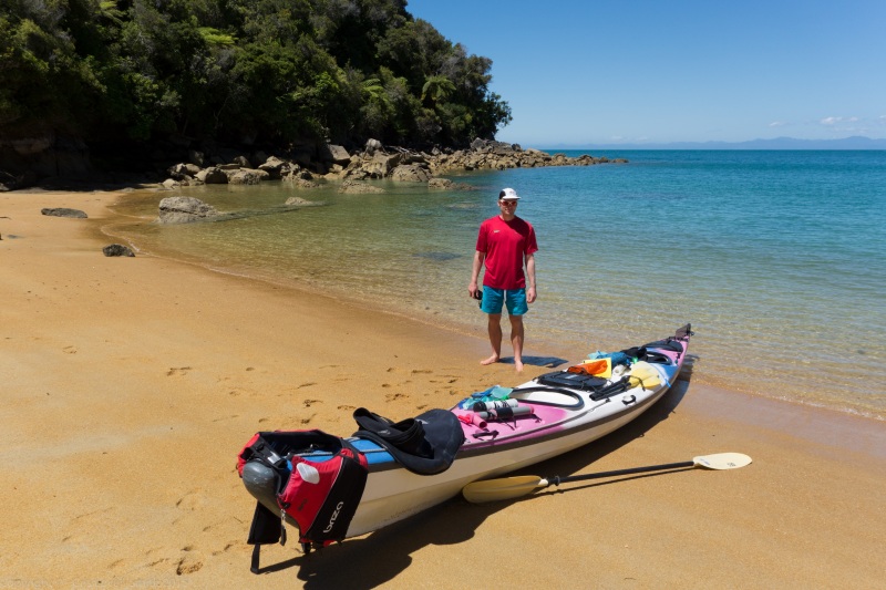 Cris and kayak (Seakayaking Abel Tasman Dec 2014)