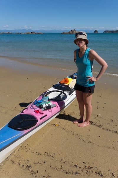 Leonie and kayak (Seakayaking Abel Tasman Dec 2014)