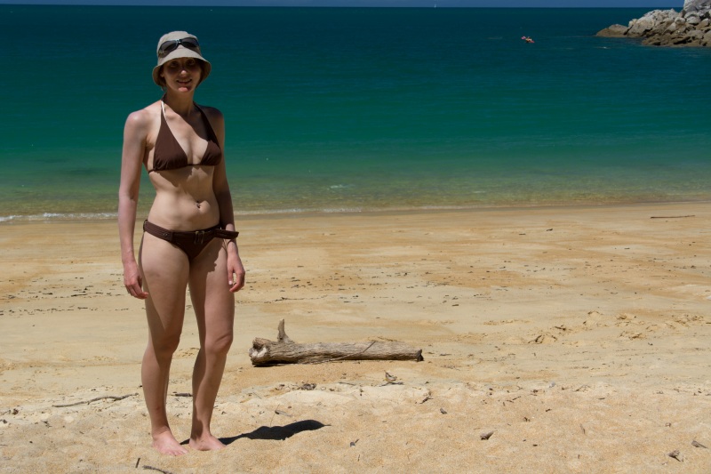 Leonie in bikini (Seakayaking Abel Tasman Dec 2014)