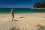 Leonie on beach (Seakayaking Abel Tasman Dec 2014)