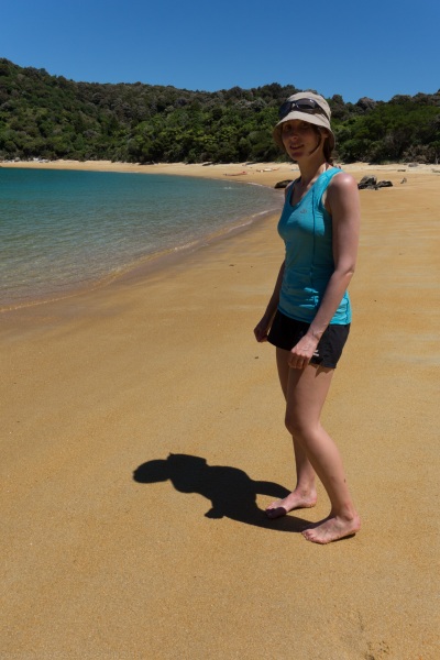 Leonie on beach at Te Puketia (Seakayaking Abel Tasman Dec 2014)