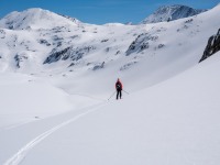 Milan descends off the saddle (Ski Touring Andorra April 2022)