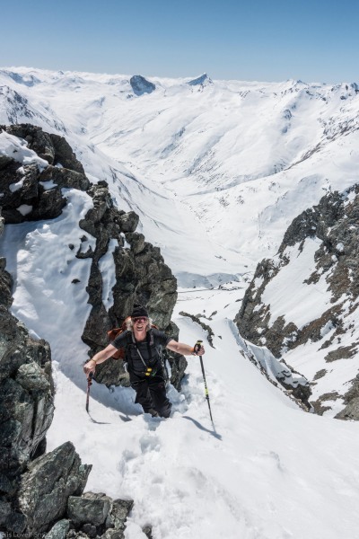 Elmar walking through the snow (Ski touring Avers March 2019)