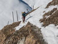 Birgit carries her skis (Ski touring Avers March 2019)