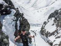 Elmar walking through the snow (Ski touring Avers March 2019)