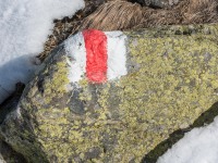 Rock with hiking marker (Ski touring Avers March 2019)
