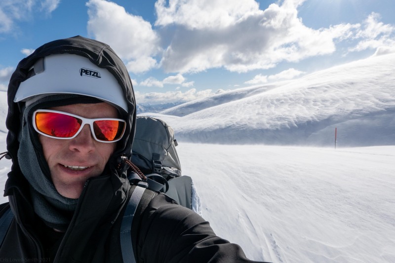 Cris in the wind (Ski touring Kirtle Burn Hut August 2021)