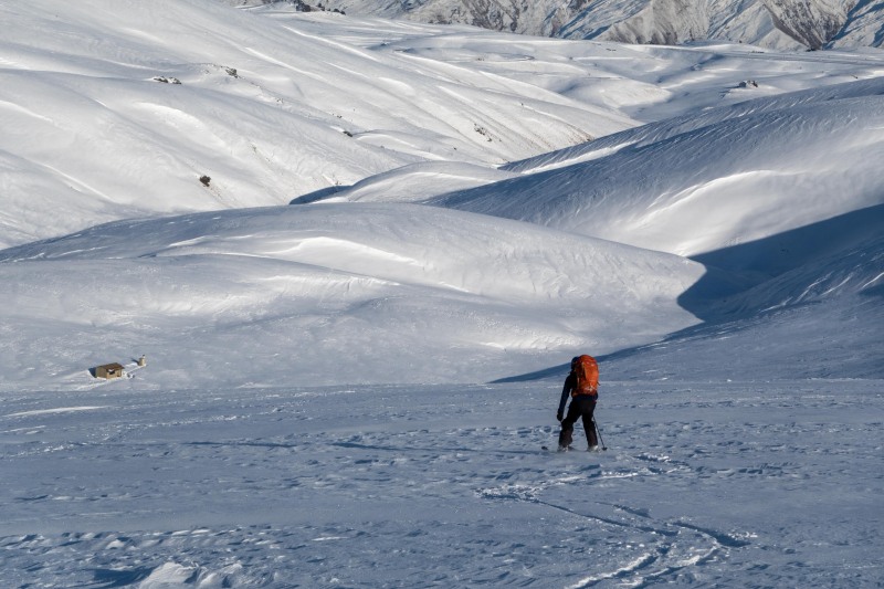 Skiing back down to the hut in the morning (Ski touring Kirtle Burn Hut August 2021)