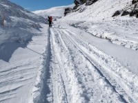 Heading along the snow farm tracks (Ski touring Kirtle Burn Hut August 2021)