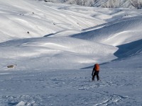 Skiing back down to the hut in the morning (Ski touring Kirtle Burn Hut August 2021)