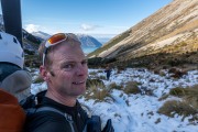 Cris with skis (Ski Touring Snowy Gorge Hut Aug 2021)
