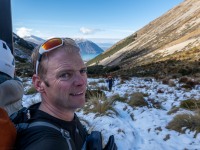 Cris with skis (Ski Touring Snowy Gorge Hut Aug 2021)