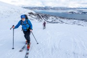 Heading off on the first tour (Ski Touring Tromso, April 2022)