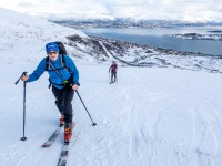 Heading off on the first tour (Ski Touring Tromso, April 2022)