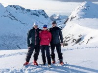 Us posing at our turnaround (Ski Touring Tromso, April 2022)