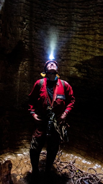 Looking up the 40m pitch (Te Tahi cave Jan 2025)