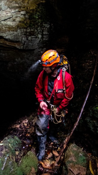 Pip leaves the cave (Te Tahi cave Jan 2025)