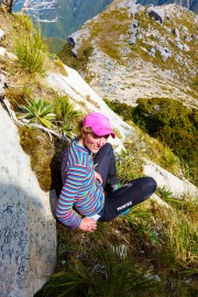 Georgia perched on our steep descent (Garibaldi Tramp 2019)