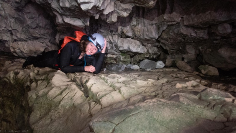 Rachel squeezes out the exit (Adventures with Craichel Jan 2022)