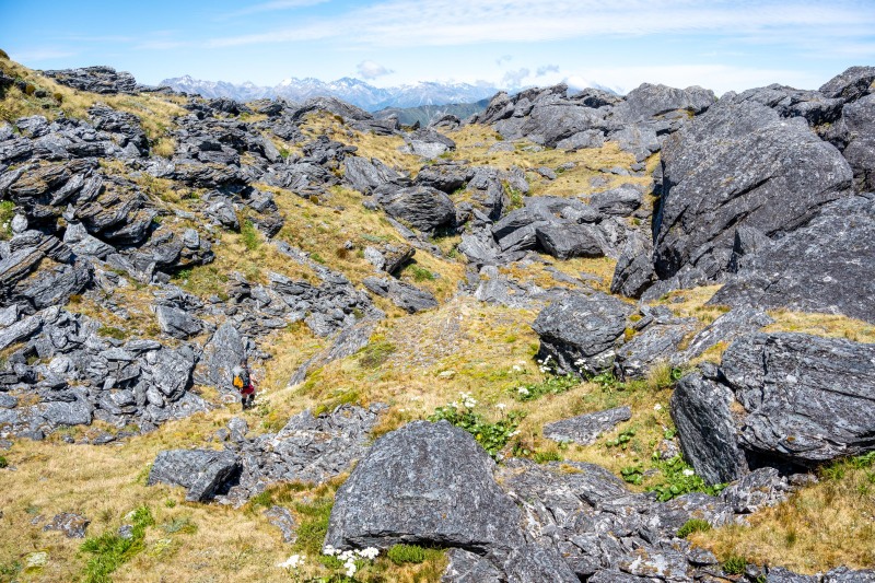 Katie in the boulder field (Tramping Mt Alexander Dec 2024)