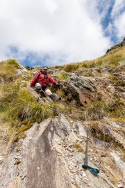 Katie descending on her behind (Tramping Rees Rees Dec 2021)