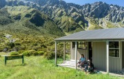 Making a hot drink outside Shelter Rock Hut (Tramping Rees Rees Dec 2021)