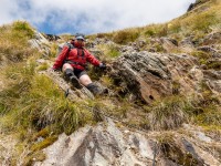Katie descending on her behind (Tramping Rees Rees Dec 2021)