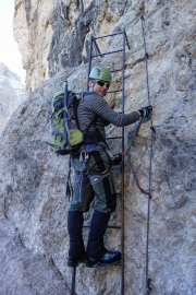 Cris on a ladder (Brenta Dolomites)