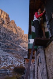 Leonie climbing into the biv (Brenta Dolomites 2016)