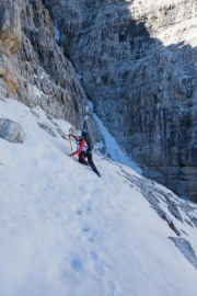 Leonie crossing a tricky bit (Brenta Dolomites)