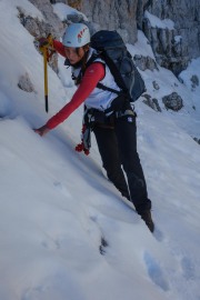 Leonie edging across the snow (Brenta Dolomites)