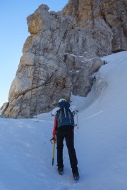 Leonie nearing the ladders (Brenta Dolomites)