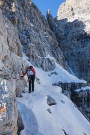 Leonie walking along the tricky path (Brenta Dolomites)