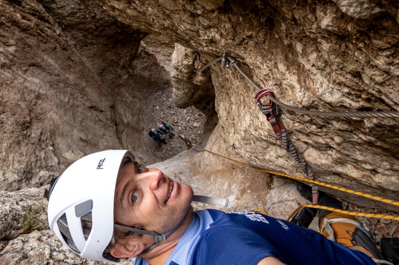 Cris and the girls below (Via Ferrata Canal de las Damas Nov 2025)