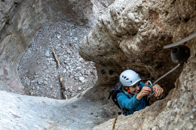 Juls on the crux (Via Ferrata Canal de las Damas Nov 2025)
